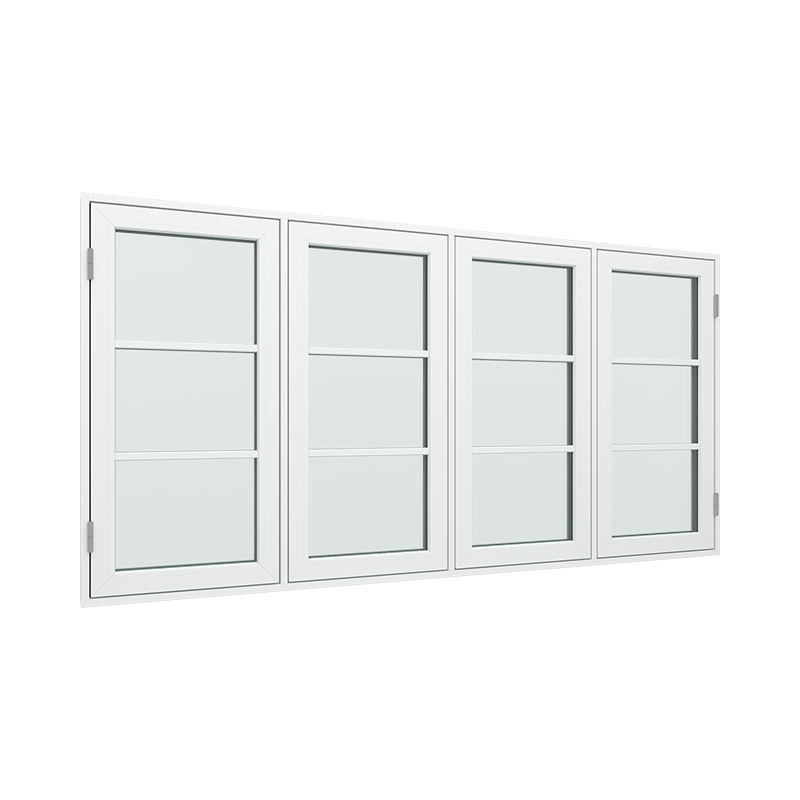 4-fags 4 ruter sidehengslet vindu med fast ramme i midten med 1x3 glassfelt 3 ruter pvc / plast 236B x 120H
