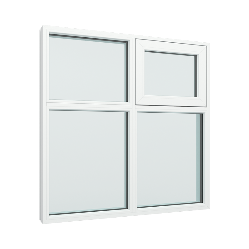 2 fags fastkarmvindu, 4 felter, med toppstyrt vindu i høyre topp felt pvc / plast 120B x 120H