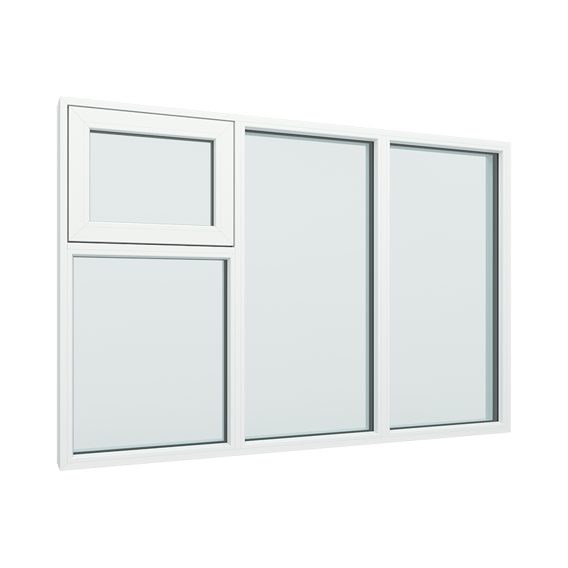 3 fags fastkarmvindu med toppstyrt vindu i venstre topp felt pvc / plast 180B x 120H