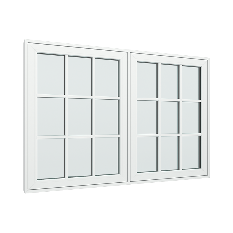 2-fags toppstyrt vindu med 3x3 glassfelt 9 ruter pvc / plast 160B x 120H