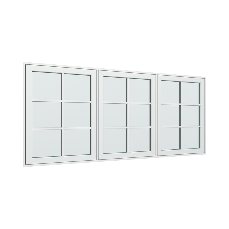 3-fags toppstyrt vindu med fast ramme i midten, 2x3 glassfelt 6 ruter pvc / plast 285B x 120H
