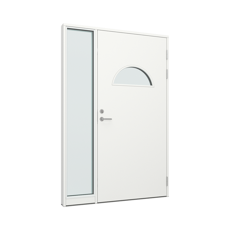 Ytterdørparti, dør med halvsirkel glassfelt, sidefelt med 1 glassfelt 1 rute 1 rute Tre 150B x 200H