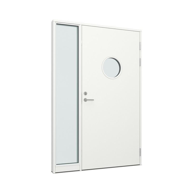 Ytterdørparti, dør med sirkel glassfelt, sidefelt med 1 glassfelt 1 rute 1 rute Tre 150B x 200H