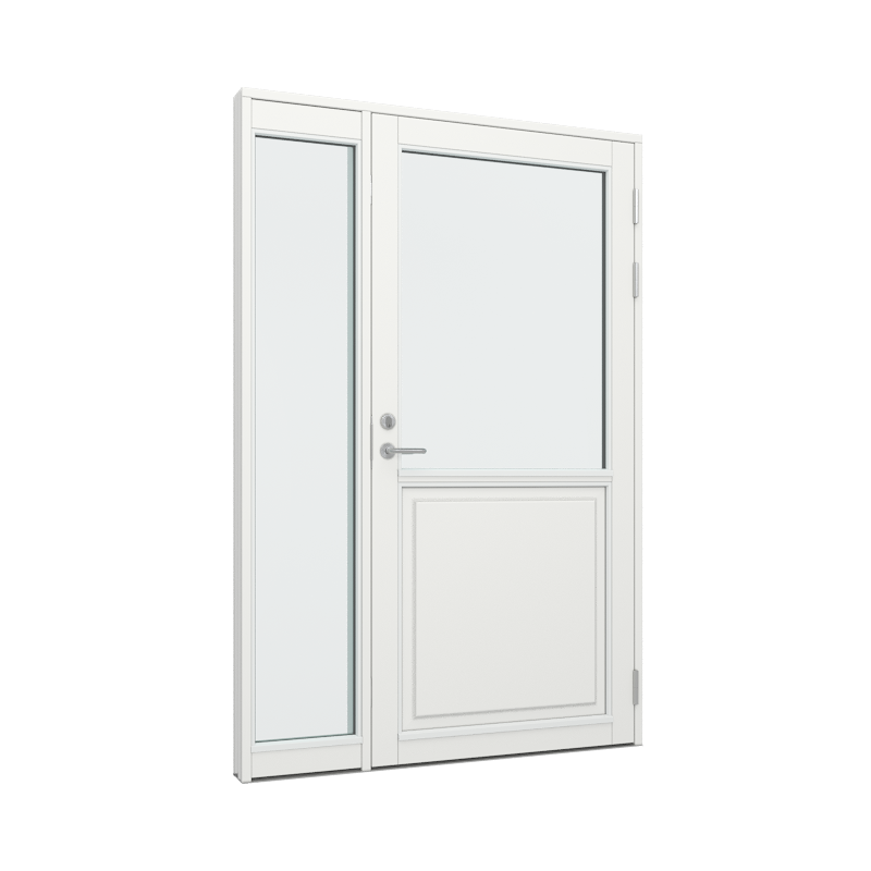 Ytterdørparti, dør med 1 fylling og 1 glassfelt 1 rute 1 rute, sidefelt med 1 glassfelt 1 rute 1 rute Tre 150B x 200H