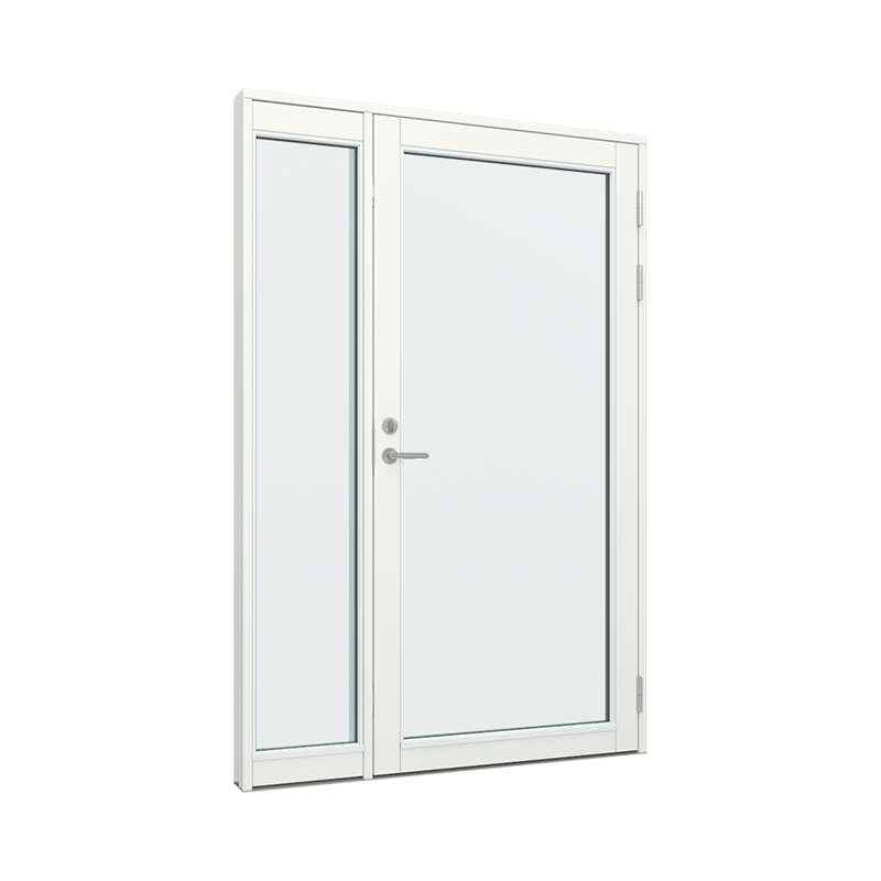 Ytterdørparti, dør med 1 glassfelt 1 rute 1 rute, sidefelt med 1 glassfelt 1 rute 1 rute Tre 150B x 200H