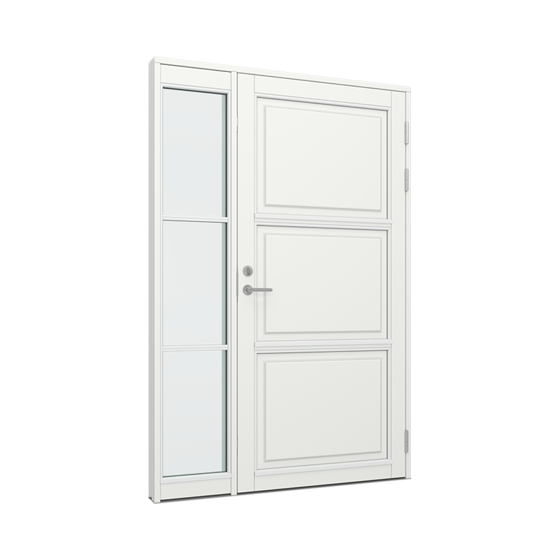 Ytterdørparti, dør med 3 fyllinger, sidefelt med 3 glassfelt Tre 150B x 200H