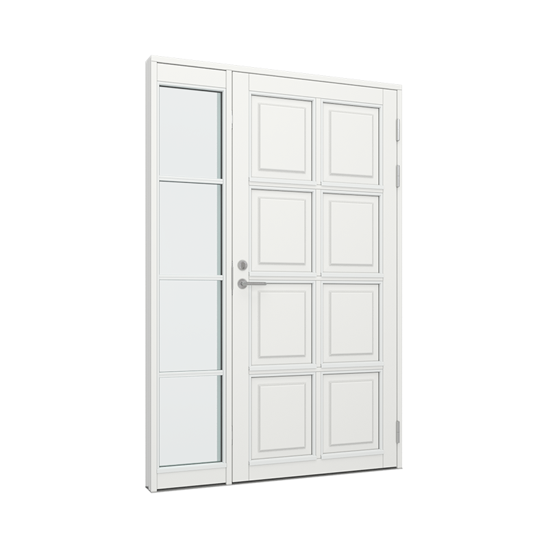 Ytterdørparti, dør med 2x4 fyllinger, sidefelt med 4 glassfelt Tre 150B x 200H