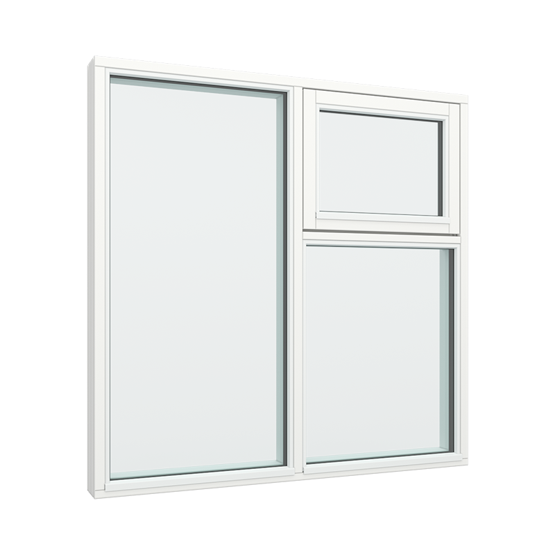 2 fags fastkarmvindu, 3 felter, med toppstyrt vindu i høyre topp felt Tre 120B x 120H