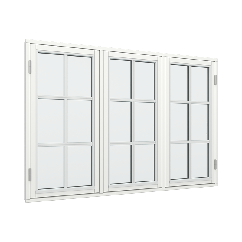 3-fags sidehengslet vindu med 2x3 glassfelt 6 ruter med fast ramme i midten Tre 178B x 120H