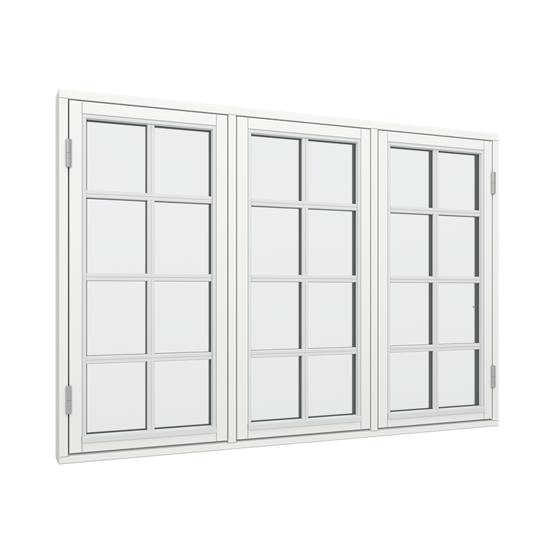 3-fags sidehengslet vindu med 2x4 glassfelt 8 ruter med fast ramme i midten Tre 178B x 120H