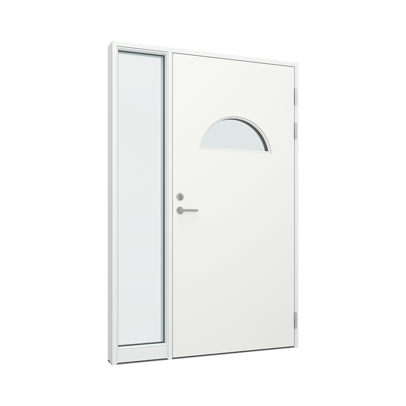 Ytterdørparti, dør med halvsirkel glassfelt, sidefelt med 1 glassfelt 1 rute 1 rute Tre∕Alu 150B x 200H