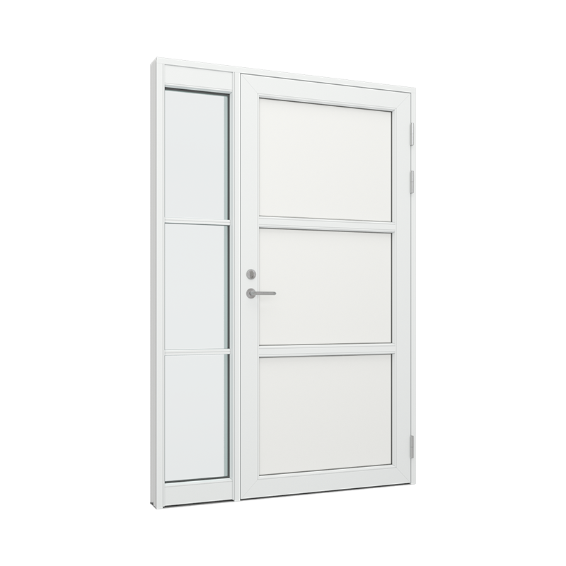 Ytterdørparti, dør med 3 fyllinger, sidefelt med 3 glassfelt Tre∕Alu 150B x 200H