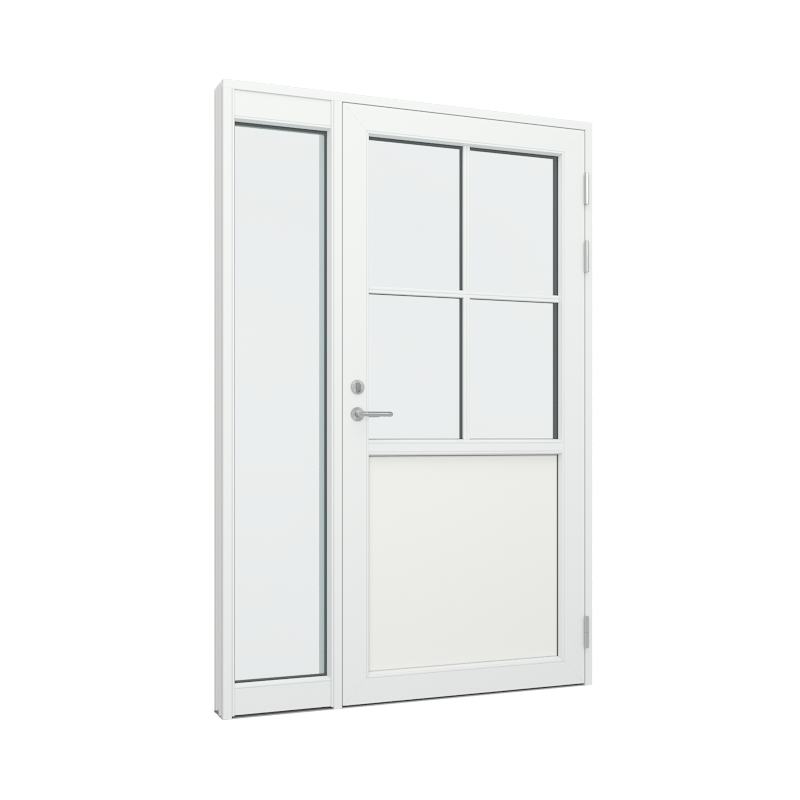 Ytterdørparti, dør med 1 fylling og 2x2 glassfelt 4 ruter, sidefelt med 1 glassfelt 1 rute 1 rute Tre∕Alu 150B x 200H