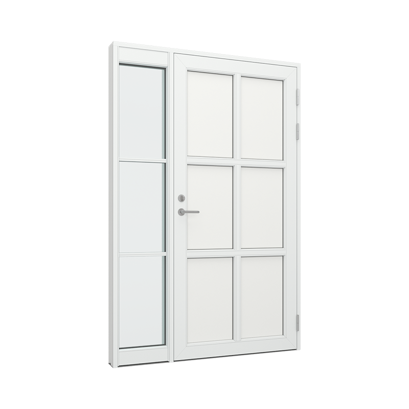 Ytterdørparti, dør med 2x3 fyllinger, sidefelt med 3 glassfelt Tre∕Alu 150B x 200H
