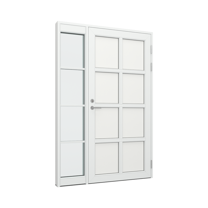 Ytterdørparti, dør med 2x4 fyllinger, sidefelt med 4 glassfelt Tre∕Alu 150B x 200H