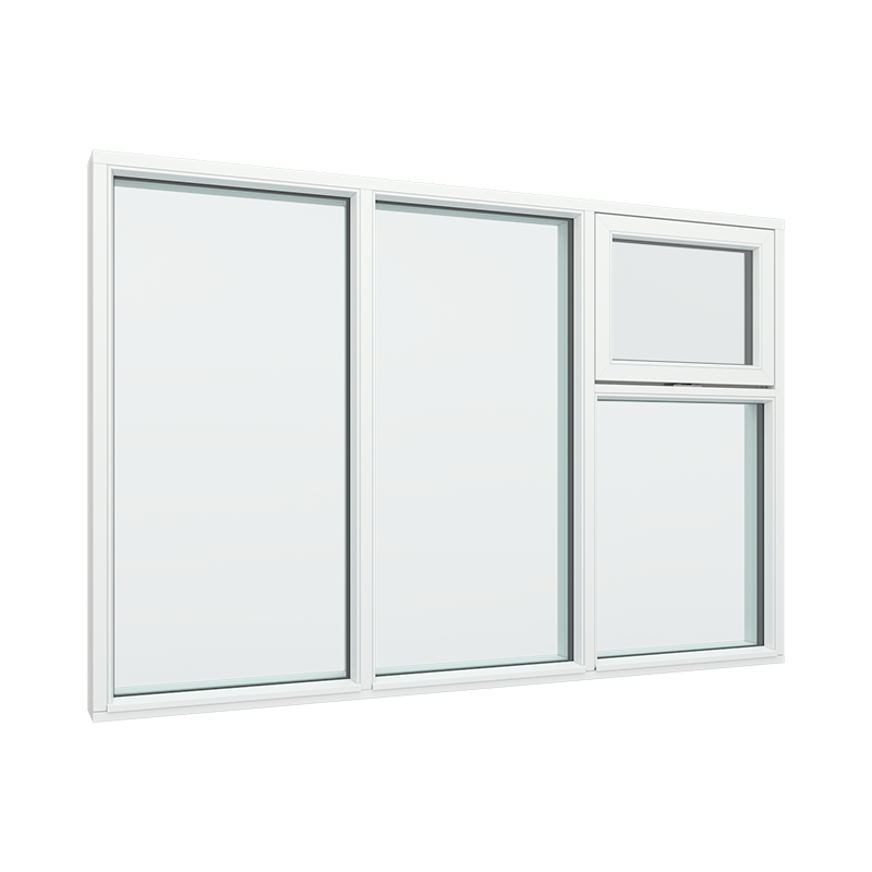 3 fags fastkarmvindu med toppstyrt vindu i høyre topp felt Tre∕Alu 180B x 120H