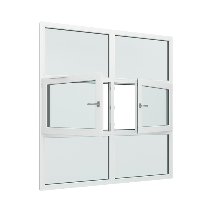 2-fags glassfasade med 1x3 glassfelt med 2-veis vindu i midten