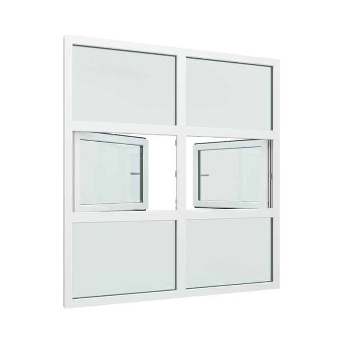 2-fags glassfasade med 1x3 glassfelt med 2-veis vindu i midten