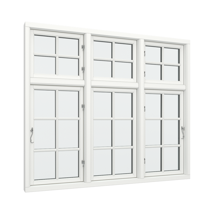 3-fags krysspostvindu med 2x2 glassfelt i topp og 2x3 glassfelt i bunn