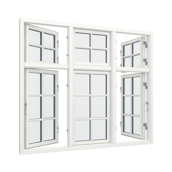 3-fags krysspostvindu med 2x2 glassfelt i topp og 2x3 glassfelt i bunn