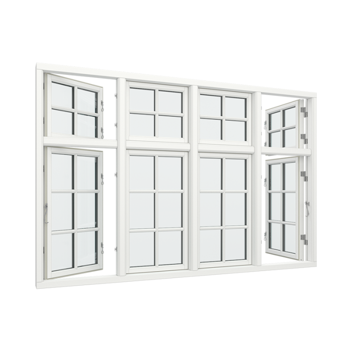 4-fags krysspostvindu med 2x2 glassfelt i topp og 2x3 glassfelt i bunn