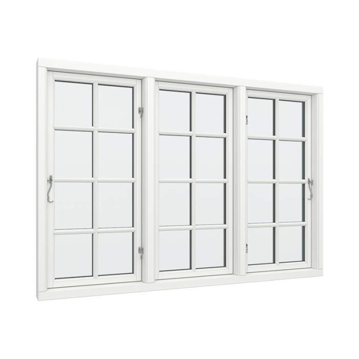 3-fags sidehengslet vindu med 2x4 glassfelt med fast ramme i midten