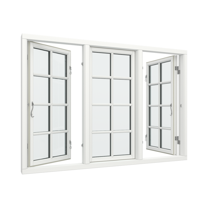 3-fags sidehengslet vindu med 2x4 glassfelt med fast ramme i midten