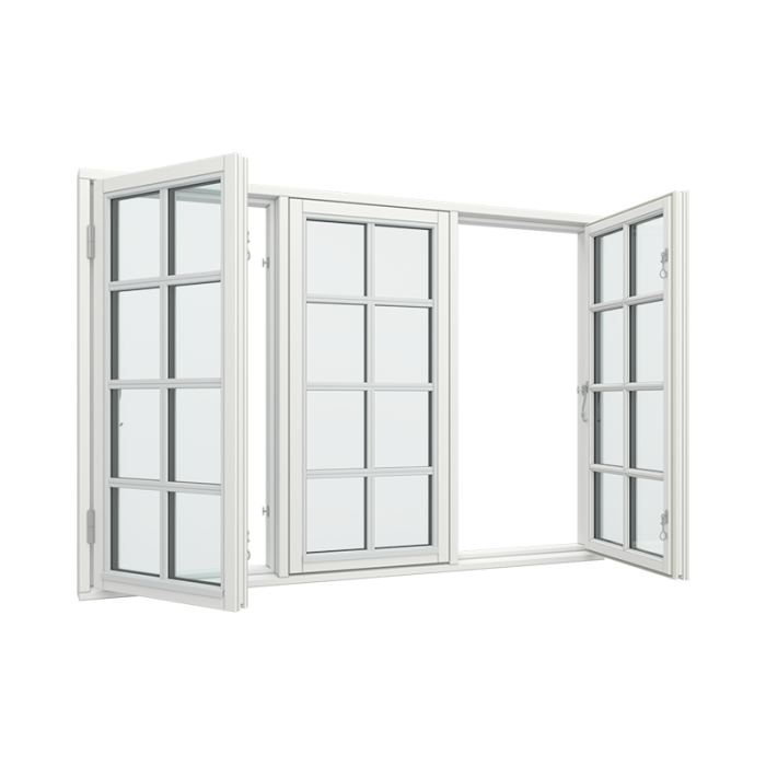 3-fags sidehengslet vindu med 2x4 glassfelt med fast ramme i midten