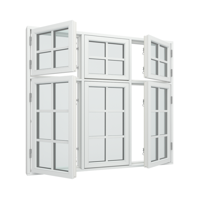 3-fags krysspostvindu med 2x2 glassfelt i topp og 2x3 glassfelt i bunn