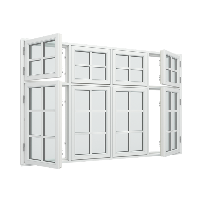 4-fags krysspostvindu med 2x2 glassfelt i topp og 2x3 glassfelt i bunn
