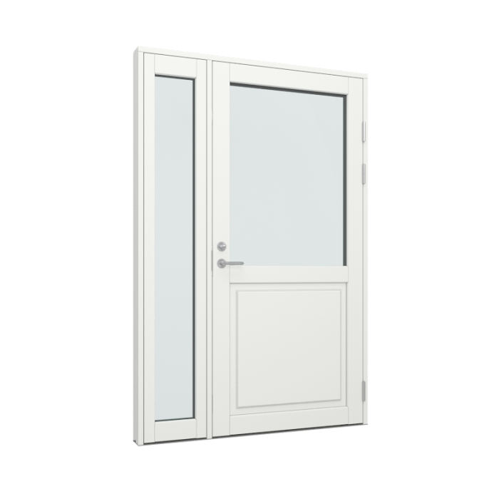 Ytterdørparti, dør med 1 fylling og 1 glassfelt, sidefelt med 1 glassfelt