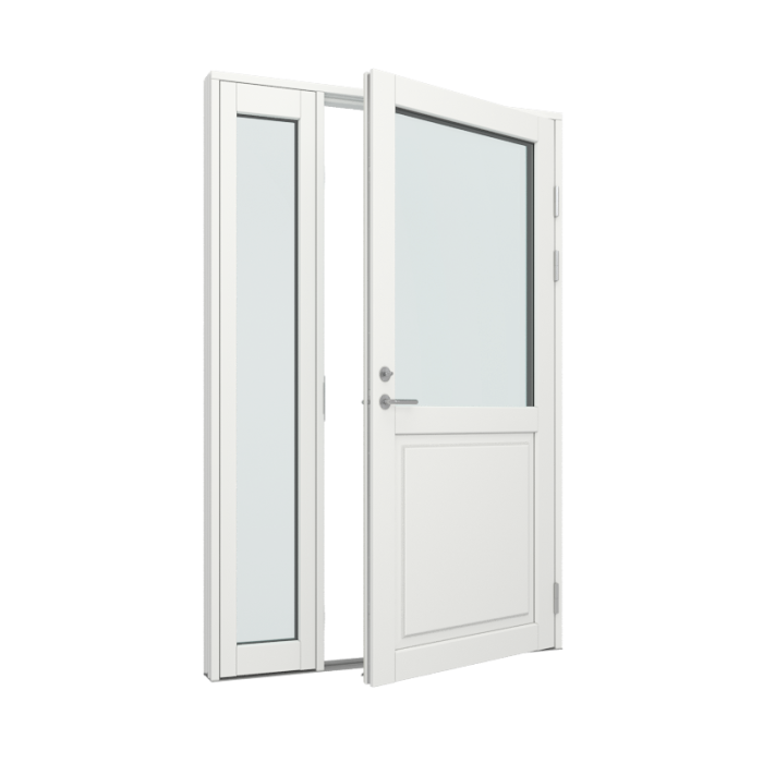 Ytterdørparti, dør med 1 fylling og 1 glassfelt, sidefelt med 1 glassfelt