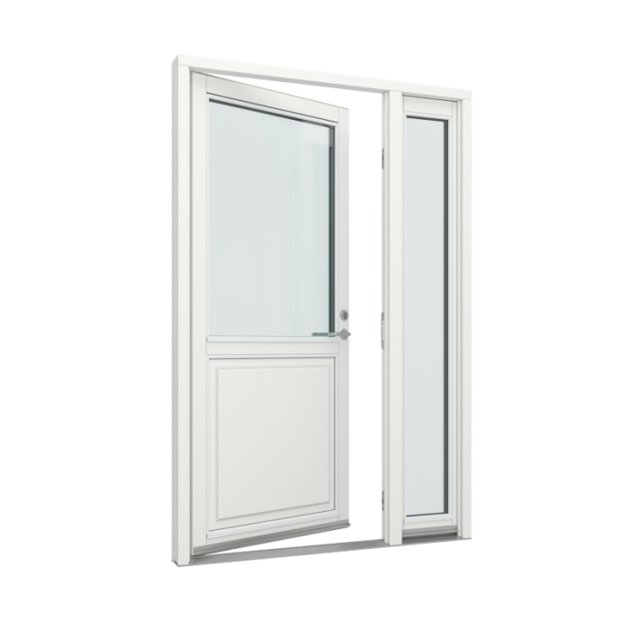 Ytterdørparti, dør med 1 fylling og 1 glassfelt, sidefelt med 1 glassfelt